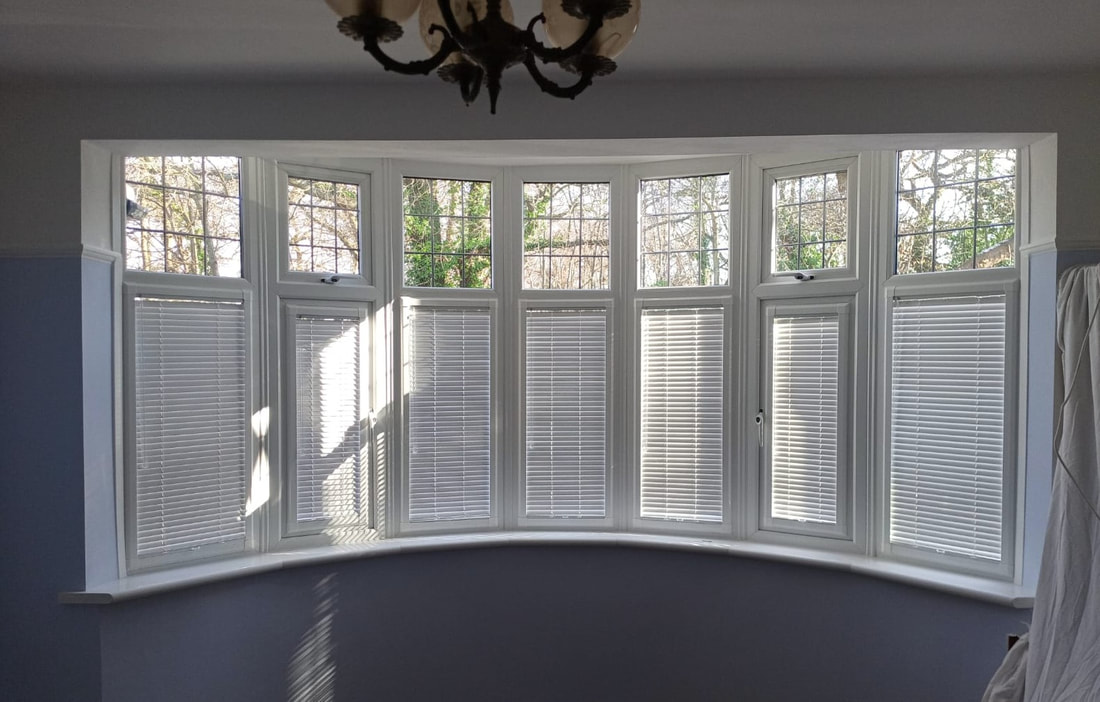 White Perfect Fit Venetian Blinds Fitted In Bay Window